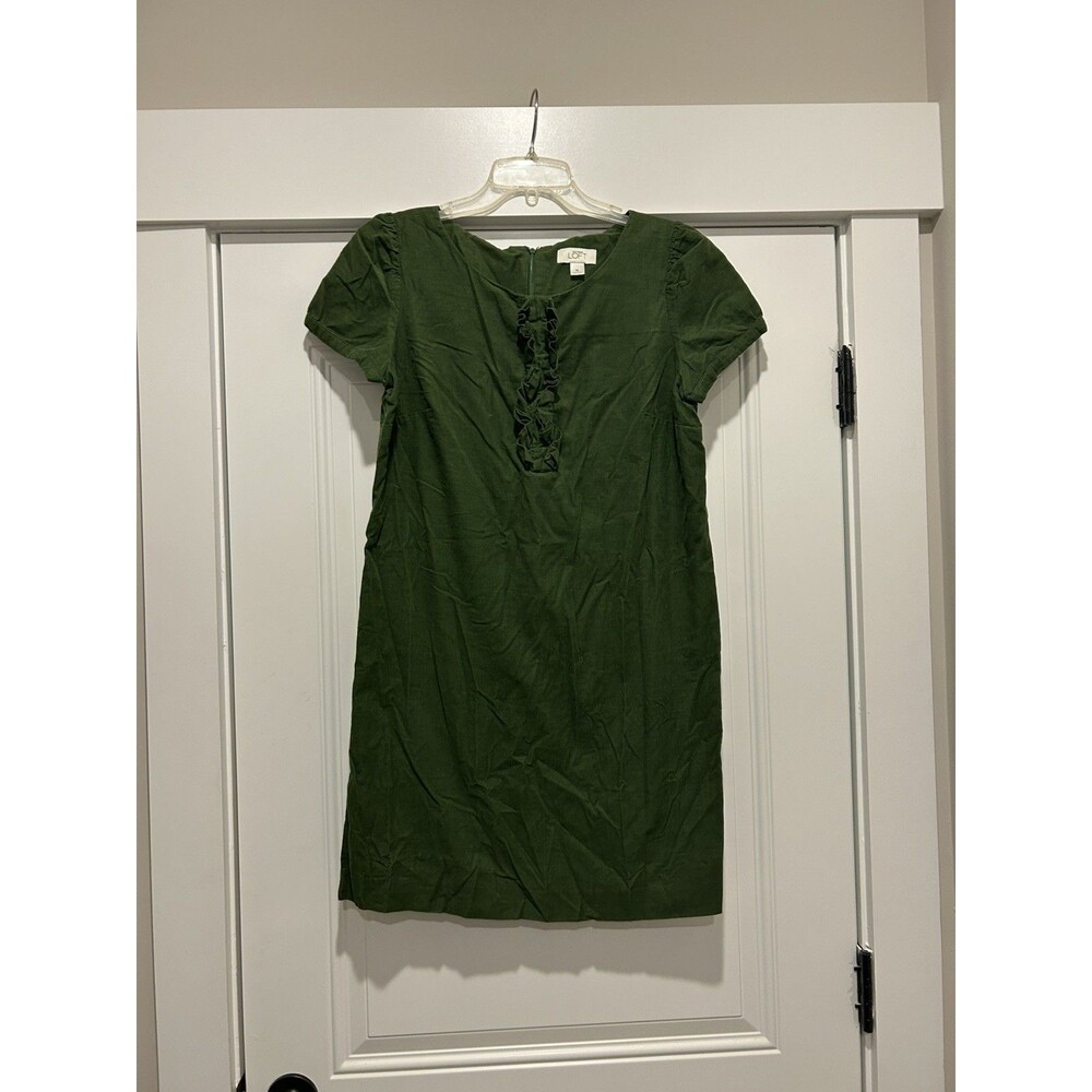 LOFT Olive Green Corduroy Ruffle Dress Sz 10 Boho Western Fall Modest Classic